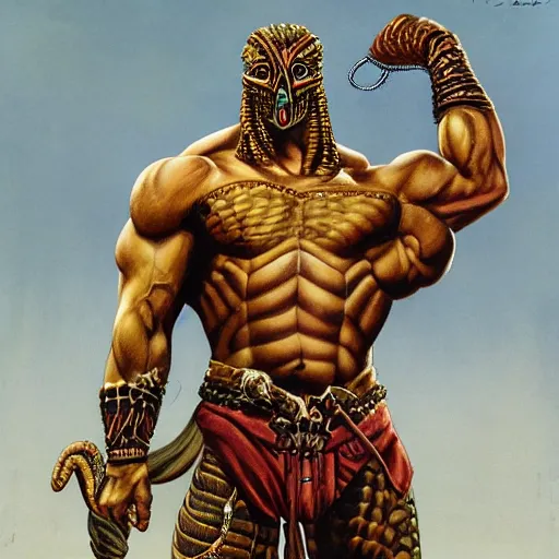 Image similar to serpent - man warlord wearing bronze age clothing, bodybuilder snake, anatomical, horrific background symmetrical, zoom out, high quality, high definition, 8 k, photograph photorealistic by frank frazetta