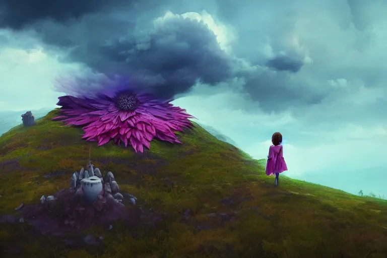 Image similar to face covered giant dahlia flower, girl on mountain, surreal photography, blue storm clouds, dramatic light, impressionist painting, digital painting, artstation, simon stalenhag