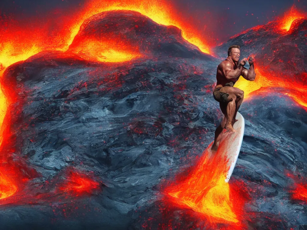 Prompt: portrait of a arnold schwarzenegger on surfing board inside erupting volcano, lava splashes, stunning scene, 8 k, extremely detailed digital painting, depth, bright colors, trending on artstation