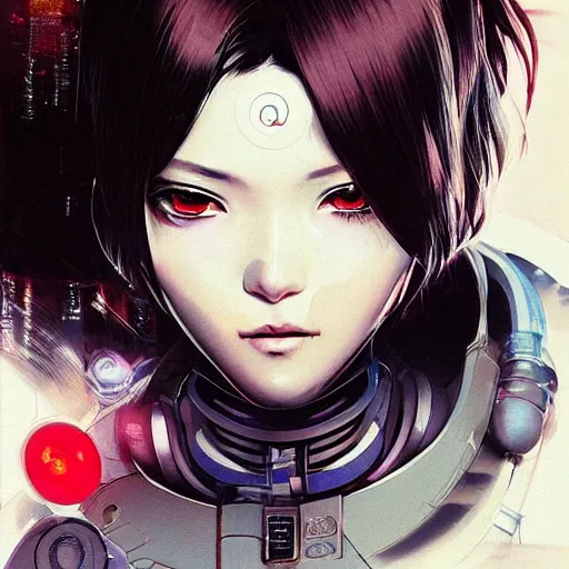 Image similar to A beautiful cyborg woman with big and cute red eyes || VERY ANIME, fine-face, realistic shaded perfect face, fine details. Anime. realistic shaded lighting poster by Ilya Kuvshinov katsuhiro otomo ghost-in-the-shell, magali villeneuve, artgerm, Jeremy Lipkin and Michael Garmash, Rob Rey and Kentarõ Miura style, trending on art station