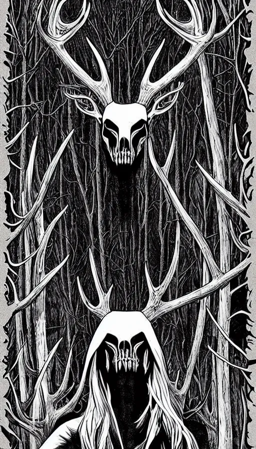 Image similar to Style Tim Jacobus and Rafael Albuquerque:: Wendigo with long antlers, deer face skeletal, symmetrical face, yellow eyes, fully detailed face:: attacking a woman in the woods:: night time, full mood, fog, realistic, scary, horror, full body