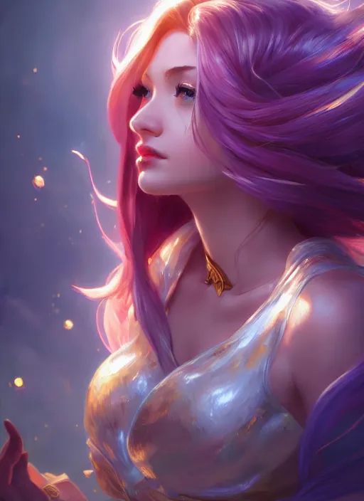 Prompt: lux fortune from league of legends, half body shot, path traced, realistic, highly detailed, high quality, digital painting, hd, alena aenami, lilia alvarado, shinji aramaki, karol bak, alphonse mucha, tom bagshaw