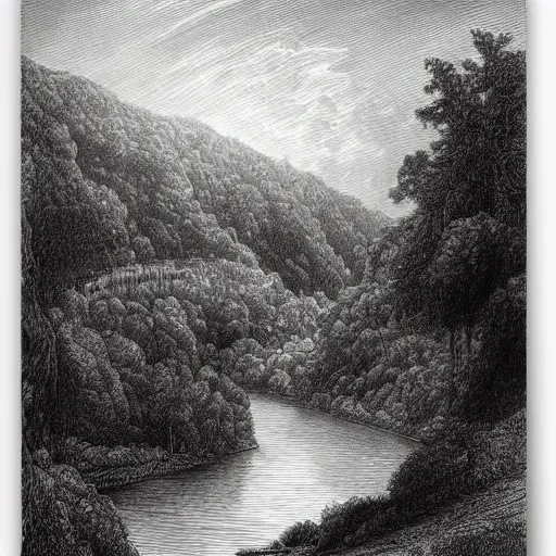 Prompt: Drawing of the Rhein, forest, high detail, clouds, realistic, illustration by Gustave Doré