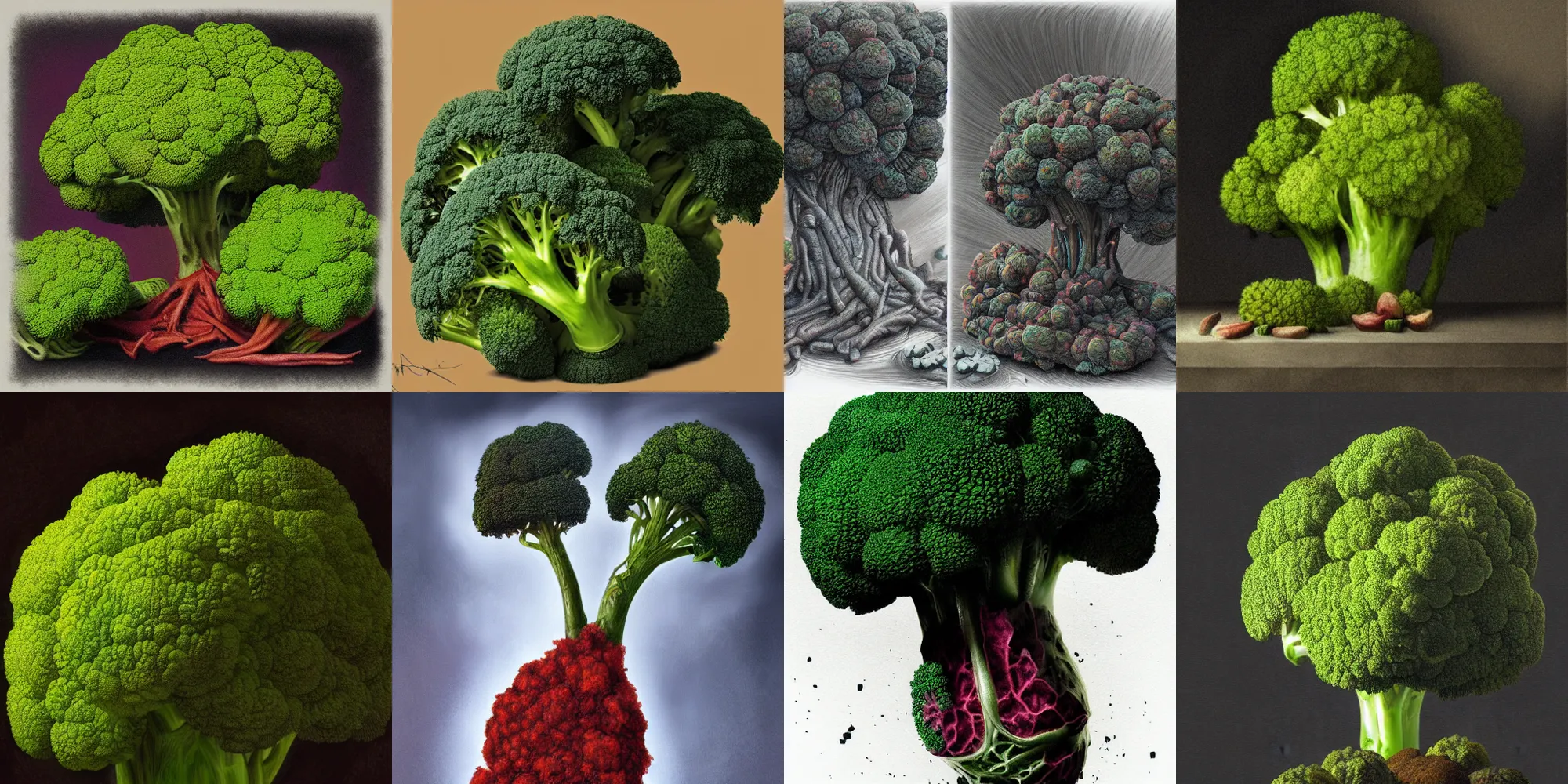 Prompt: a carnivore broccoli is eating the hellraised, digital painting, realistic, hyperdetailed, chiaroscuro, concept art