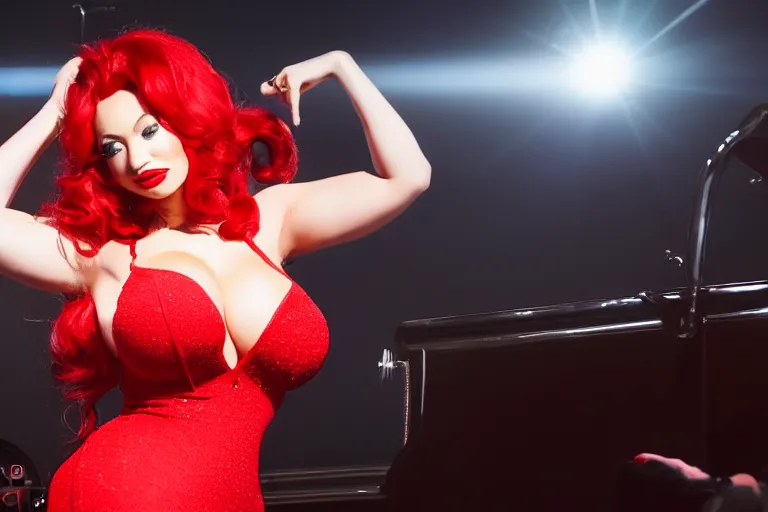 Image similar to movie scene portrait closeup, red hair, red sequence dress, real life jessica rabbit lindsey pelas denise milani singing beautifully on stage, stage lighting by emmanuel lubezki