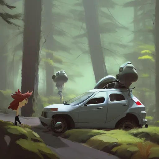 Image similar to goro fujita ilustration hikers parking the car in the forest, characterized by masamune shirow and greg rutkowski, character art, focus, highly detailed, artstation