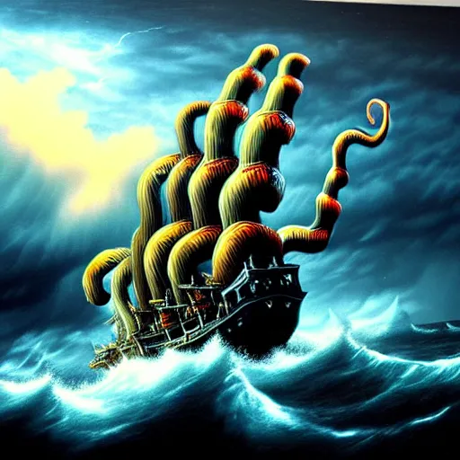 Image similar to a highly detailed hyperrealistic scene of a ship being attacked by giant squid tentacles, jellyfish, squid attack, dark, voluminous clouds, thunder, stormy seas, pirate ship, dark, high contrast