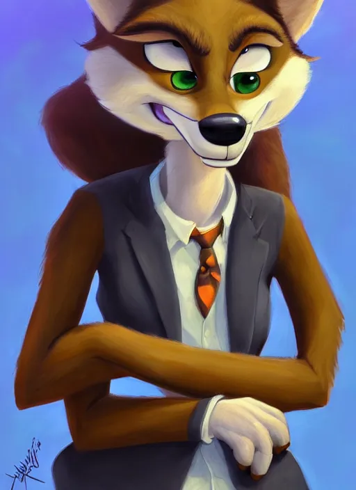 Image similar to oil painting of anthromorphic female wolf, in style of zootopia, female fursona, furry, furaffinity, 4 k, deviantart, furry art, fursona art, wearing black business suit, business suit, wolf fursona, female, very expressive detailed feminine face,