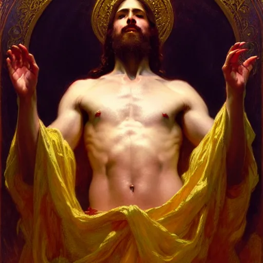 Image similar to full body portrait of blinfolded!!!! jesus christ sitting on a throne of entwined bodies, elegant, highly detailed painting by gaston bussiere, craig mullins, j. c. leyendecker, 8 k, mid shot