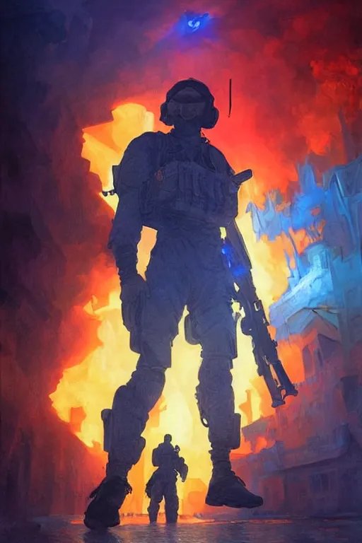 Image similar to special forces soldier with ukrainian blue and yellow flag watching red square burn, masculine figure, d & d, fantasy, bright atmosphere, volumetric lights, intricate, elegant, extremely detailed, digital painting, artstation, concept art, matte, smooth, sharp focus, hyper realistic, illustration, art by artgerm and greg rutkowski and alphonse mucha