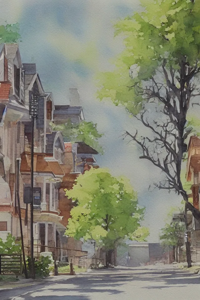 Image similar to street lined with old residential houses summer watercolor by arti chauhan trending on artstation