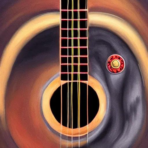 Image similar to eyes, guitar, extremely Highly detailed, Occult, funny, humorous, humor, hilarious, funny, entertaining, magical, trending on artstationHQ, closeup, D&D, intricate, elegant, highly detailed, digital painting, artstation, concept art, matte, sharp focus, illustration