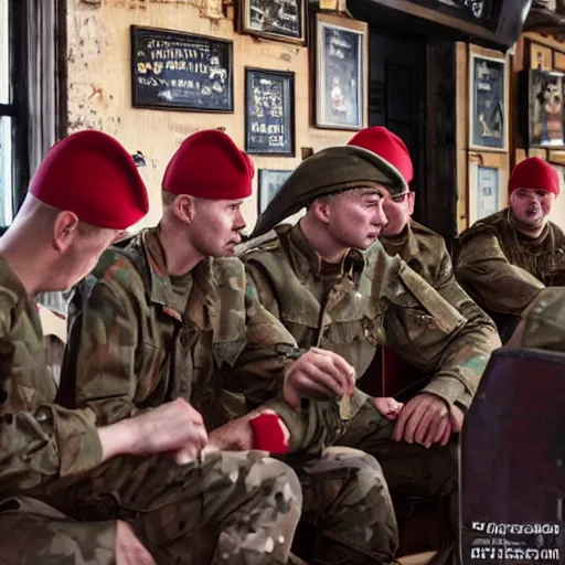 Image similar to modern red berets soldiers inside of a pub, by valentin serov tretiakov gallery, soldiers wearing tactical clothing, 2 1 st century, cinematic, award winning