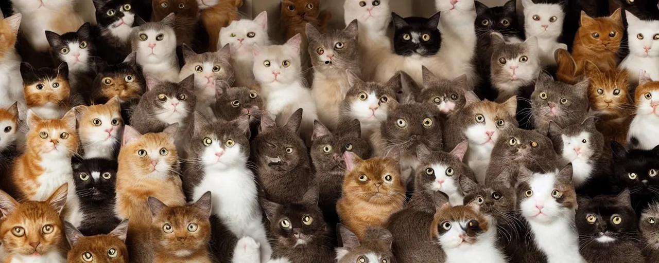 Prompt: a room full of cats and each cat is a different breed