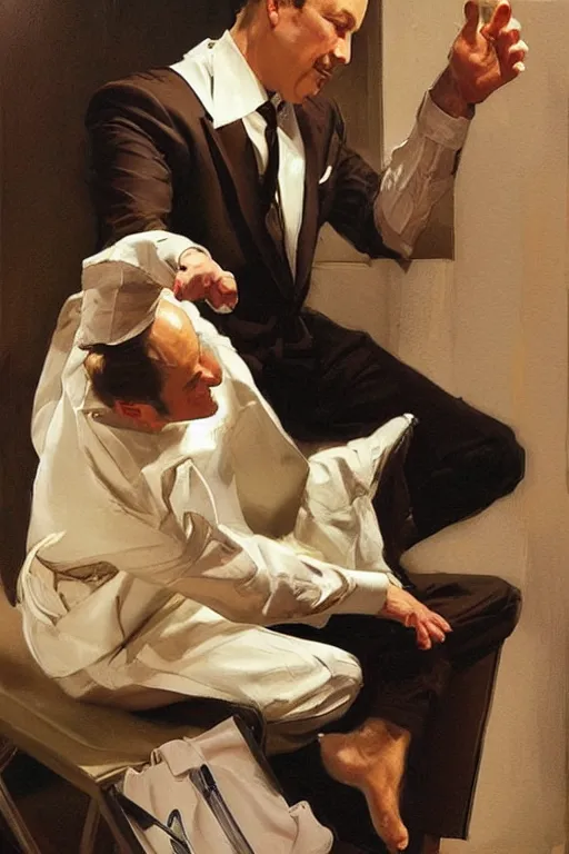 Image similar to bob odenkirk caressing feet,'bare feet '!!!! painting by jc leyendecker!! phil hale!, angular, brush strokes, painterly, vintage, crisp