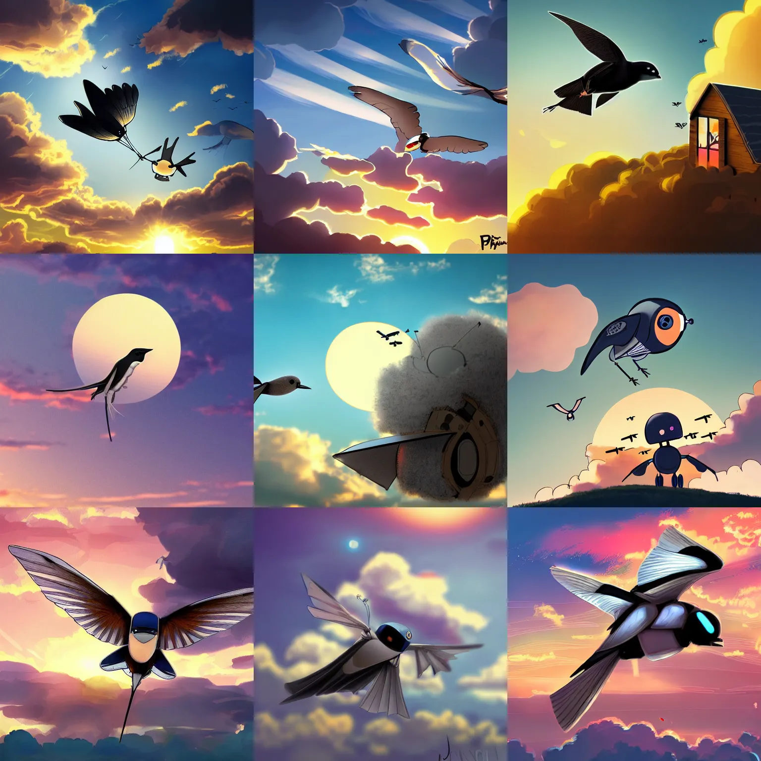 Image similar to a robot house martin flying in the sky, sunset, mechanical cute bird, fluffy clouds, beautiful digital art, pixiv