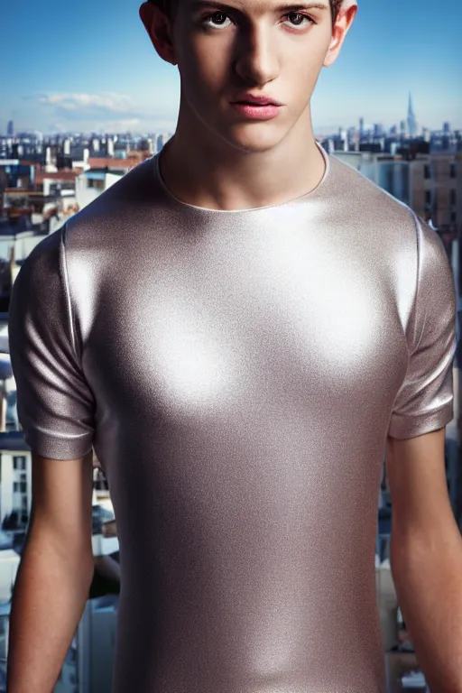 Image similar to un ultra high definition studio quality photographic art portrait of a young man standing on the rooftop of a british apartment building wearing soft padded silver pearlescent clothing. three point light. extremely detailed. golden ratio, ray tracing, volumetric light, shallow depth of field. set dressed.