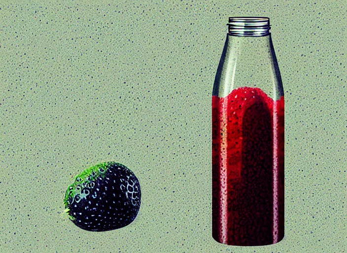 Image similar to ( ( dither ) ), editorial illustration strawberries blueberries sliced kiwi sliced lemon inside a clear drinking bottle, ( ( isometric ) ), modern art deco, ( ( mads berg ) ), karolis strautniekas, stippled light, fog, fine texture, dynamic composition, matte print, ( ( unreal engine ) ), surrealism, colorful