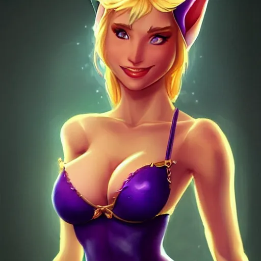 Prompt: very very very beautiful elf princess with clamshell bra, flirty, smiling, eye contact, perfect face, perfect body, drawn in the style of artgerm