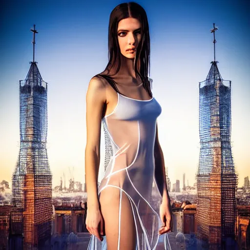 Image similar to a tall russian girl in a transparent sheer fabric dress against the background of a apocalyptic city, full body shot, perfect symmetrical body, perfect symmetrical face, coherent symmetrical eyes, by luise royo 8 k