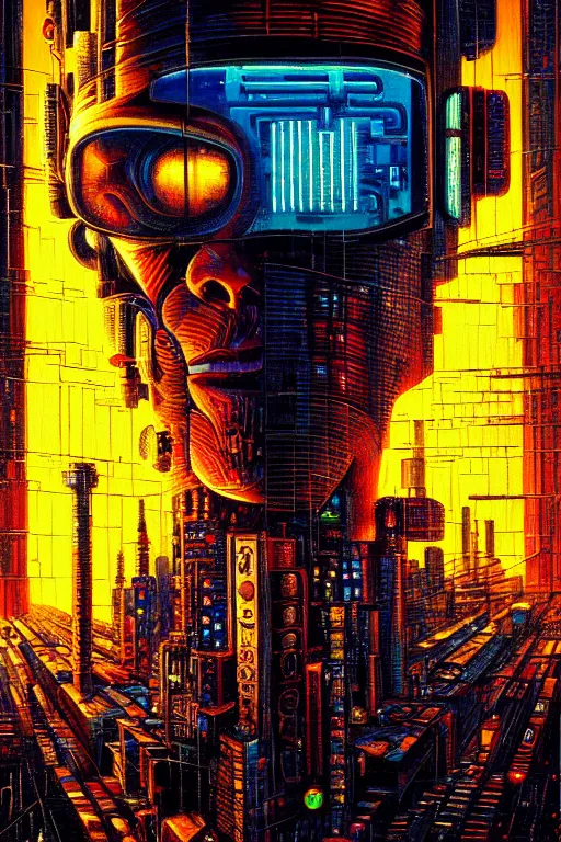 Prompt: beautiful cyberpunk oil painting, perfect lighting. professional design, intricate complexity, by dan mumford and by alberto giacometti, peter lindbergh, malevich, william stout