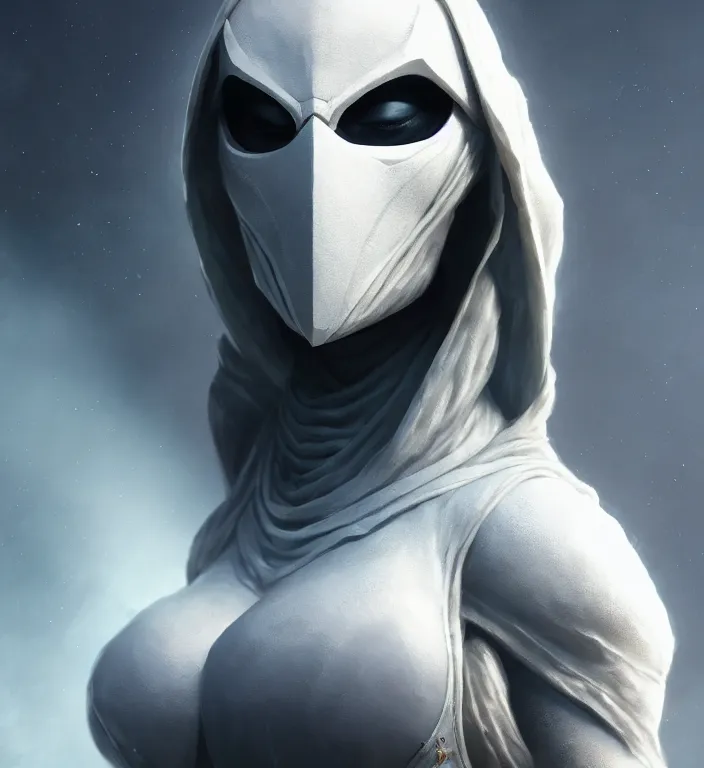 Image similar to female moon knight, hyper detailed, digital art, trending in artstation, cinematic lighting, studio quality, smooth render, unreal engine 5 rendered, octane rendered, art style by klimt and nixeu and ian sprigger and wlop and krenz cushart