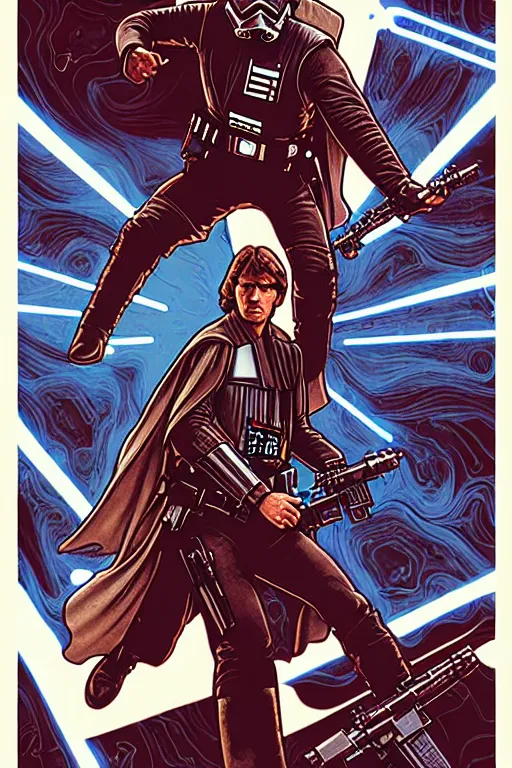 Image similar to platonic ideal of han solo, luke skywalker, detailed stormtroopers, darth vader wearing a long flowing cape, action pose, intricate, volumetric lighting, moebius, geof darrow, dan mumford, alphonse mucha, movie poster,