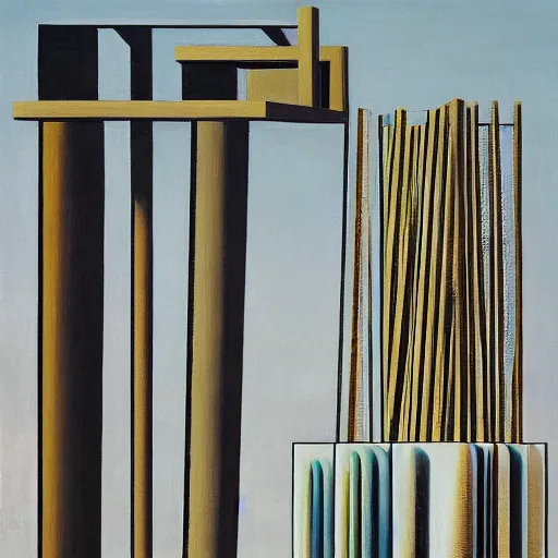 Image similar to a painting by giorgio de chirico and tadao ando of an abstract complex sculpture by the caretaker