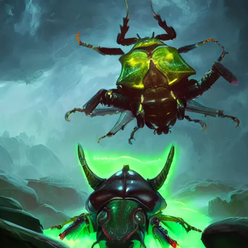 Prompt: a giant glowing horned beetle, horned beetle, green theme, bright art masterpiece artstation. 8 k, sharp high quality artwork in style of jose daniel cabrera pena and greg rutkowski, concept art by tooth wu, blizzard warcraft artwork, hearthstone card game artwork, horned beetle