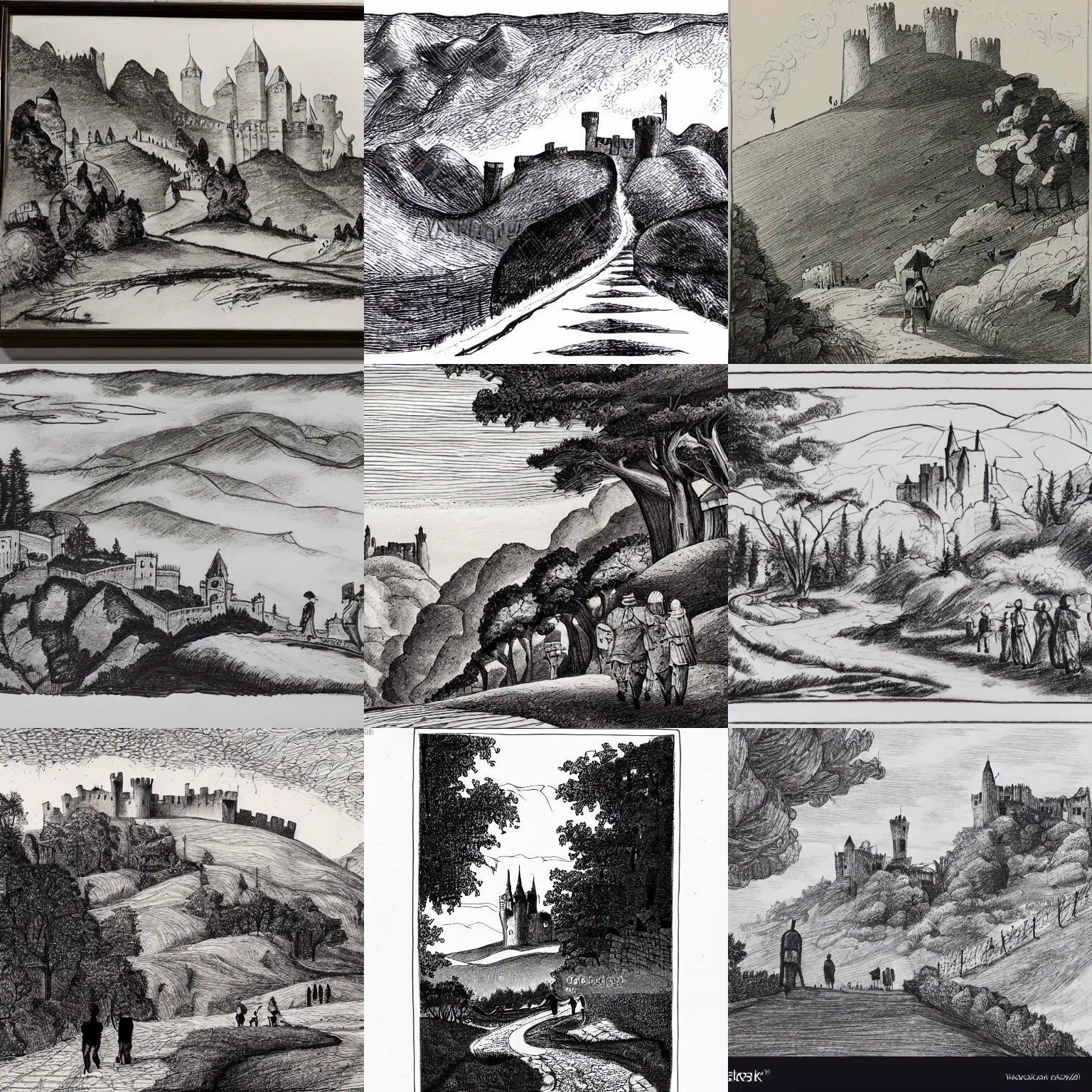Prompt: ink drawing a hilly landscape with castle and travelers on a path