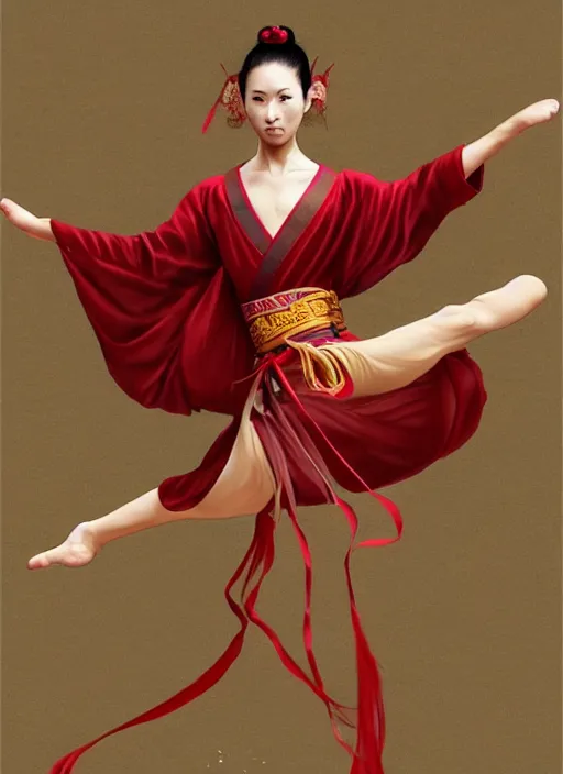 Image similar to full body portrait of a dancer throwing silk belts, feet, barefoot, full body, tanned, vivacious, athletic, hanfu, chinese ribbon dance, wide ribbons, silk belt, wuxia, martial arts, ming dynasty, detailed, realistic face, anatomically accurate, fantasy illustration, dnd, deviantart, artstation, wlop.