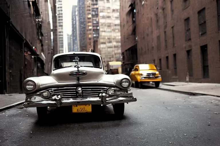 Prompt: street photography by saul leiter, in a narrow new york alley, award winning photo of an ultra detailed intricate ford car, fast shutter speed, motion blur, tiny gaussian blur, highly detailed, highly intricate, depth of field, trending on top gear