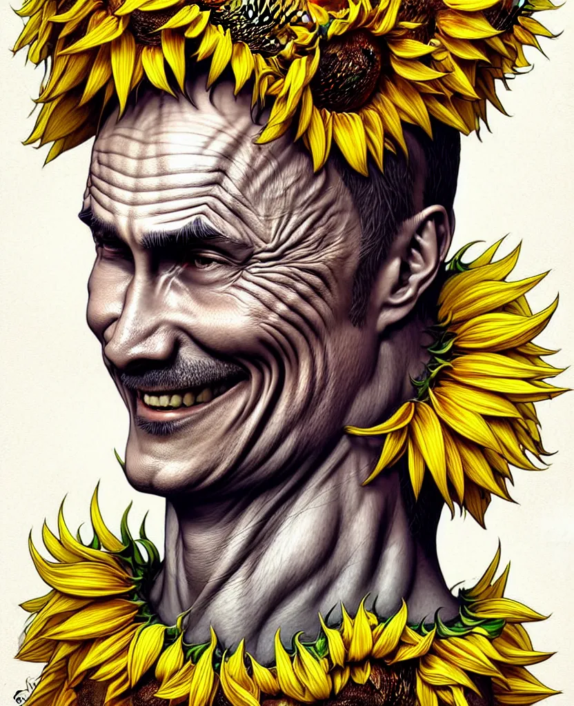 Image similar to digital art, centered full body of Putin smiling king, Sunflower crown, ,intricate, veins, by James Jean and by artgerm , by ross tran ultradetailed, charachter design, concept art, trending on artstation,