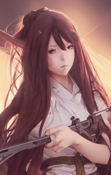 Prompt: infantry girl, anime style, long hair, hair down, symmetrical facial features, shot wounds, from girls frontline, hyper realistic, pale skin, rule of thirds, extreme detail, detailed drawing, trending artstation, hd, war action, trading card, by alphonse mucha, greg rutkowski, backlit