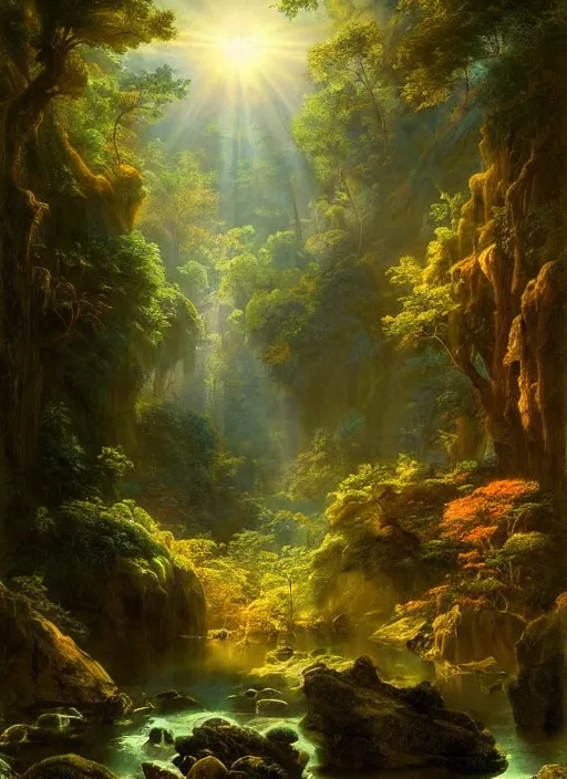 Image similar to a forest oasis, rock pools, harmony of nature, infinite dawn, angelic light, sparkling dew, epic atmosphere, by asher brown durand, by iyoshitaka amano