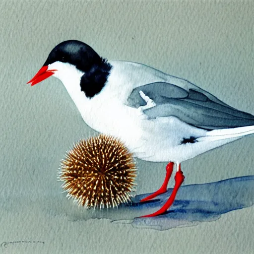 Prompt: An arctic tern with a sea urchin in its mouth, watercolor, illustration, storybook, Artstation