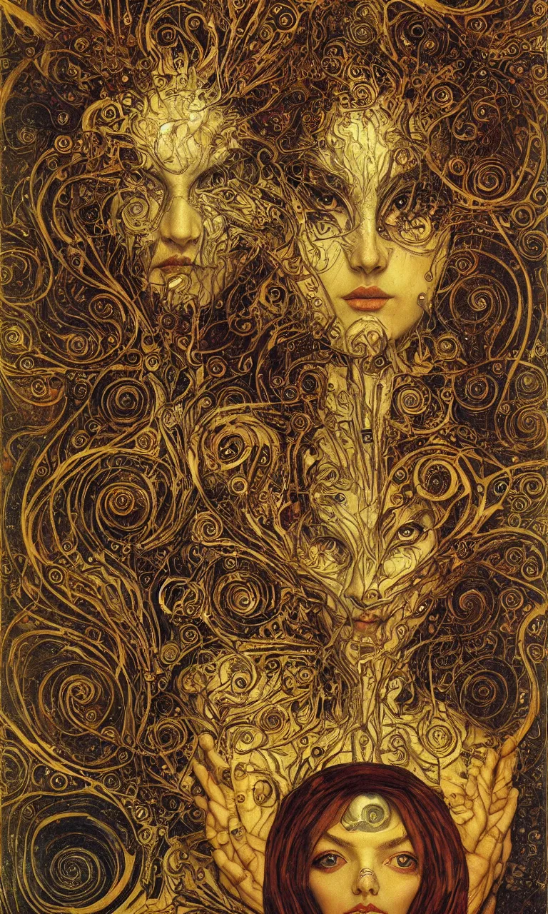 Image similar to Divine Chaos Engine portrait by Karol Bak, Jean Deville, Gustav Klimt, and Vincent Van Gogh, sacred geometry, visionary, mystic, fractal structures, ornate gilded medieval icon, spirals