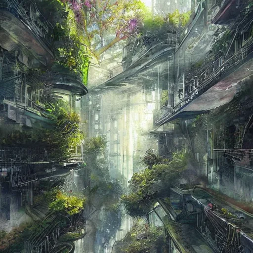Prompt: Narrow cosy stream in beautiful overgrown futuristic sci-fi city in harmony with nature. Nice colour scheme, soft warm colour. Beautiful detailed watercolor by Lurid. (2022)