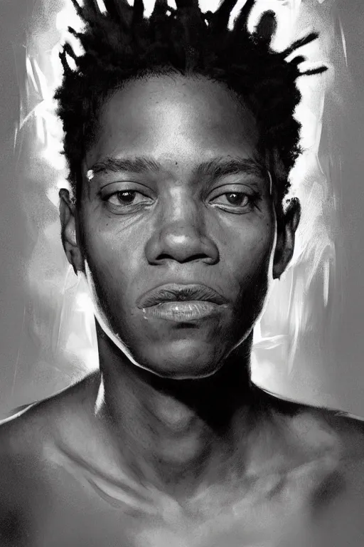 Prompt: ultra realistic illustration, jean basquiat, staring directly into camera, intricate, elegant, highly detailed, digital painting, artstation, concept art, smooth, sharp focus, illustration, art by artgerm and greg rutkowski and alphonse mucha