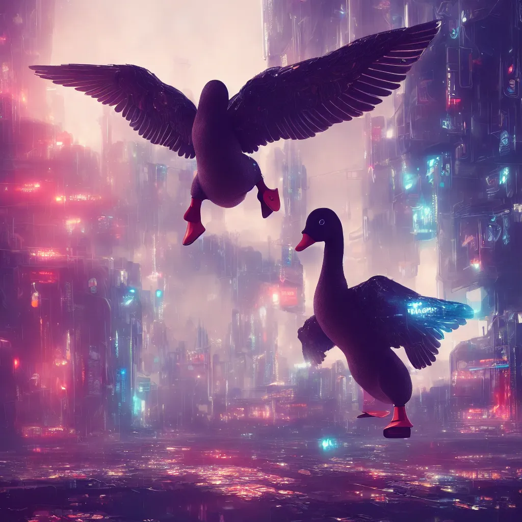 Prompt: giant cute duck!! with cybernetic wings in dystopian cyberpunk city, digital art, photorealistic render, octane, artstation