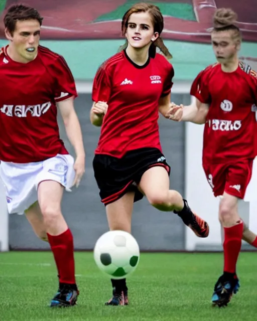 Image similar to a portrait of emma watson as a lokomotiv football player, hyper realistic