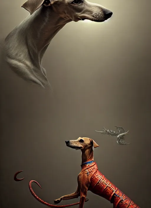Prompt: a whippet dog, dressed as a dragon, elegant intricate digital painting artstation concept art by mark brooks and brad kunkle and beksinski extreme detail 4 k