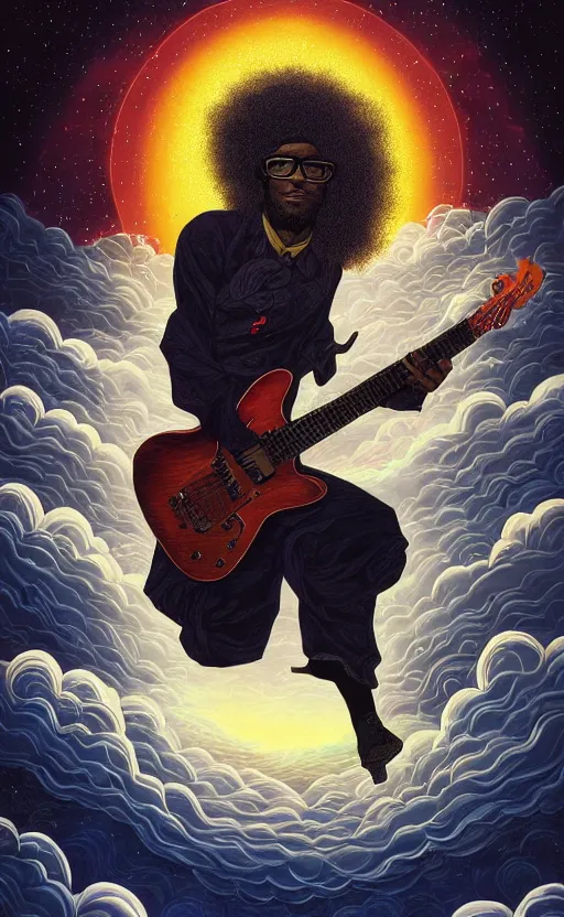 Prompt: a young black man with long curly hair wearing glasses playing electric guitar, on cosmic cloudscape, italian futurism, Dan Mumford, da vinci, Josan Gonzalez