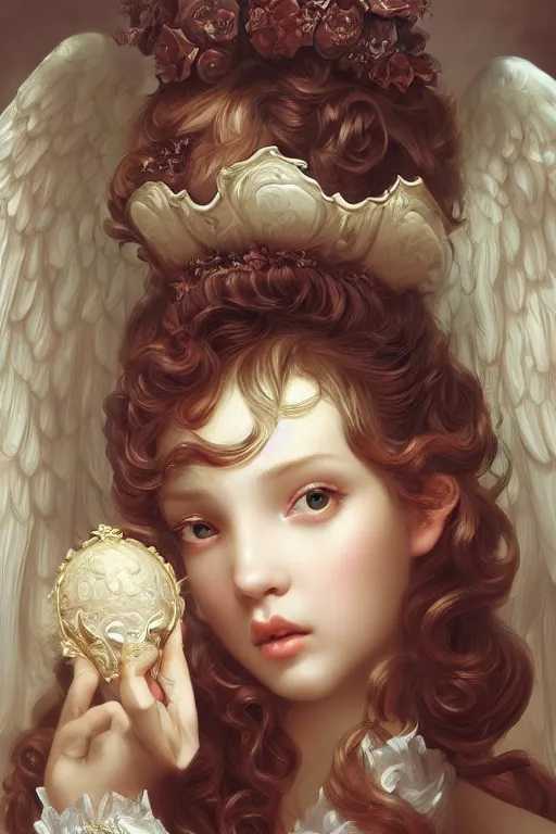 Image similar to pop surrealism, rococo, baroque hair, angelic young female seductive - fine - face, pretty face, key visual, realistic shaded perfect face, fine details by stanley artgerm lau, wlop, mark ryden, andrei riabovitchev, marc simonetti, and sakimichan, trending on artstation
