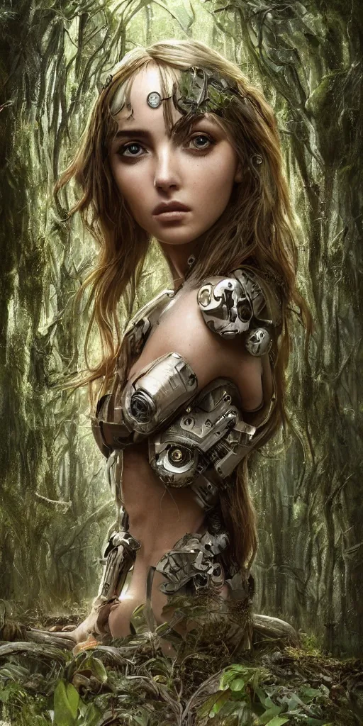 Image similar to a cyborg forest nymph in an ancient forest, ana de armas, flawless symmetrical pretty cute face, greg rutkowski, 8 k, shallow depth of field, intricate detail, concept art,