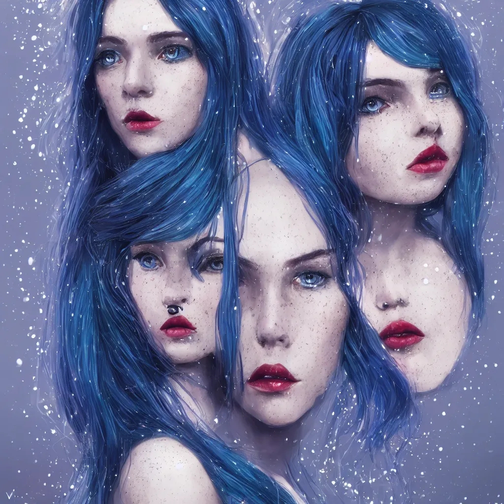 Image similar to a portrait of an attractive girl with blue celestial hair and dark lipstick and freckles, wearing a sparkling dress, by viktoria gavrilenko, trending on artstation, single face, symmetrical, highly detailed, cinematic lighting, character concept art, movie poster art, movie concept art