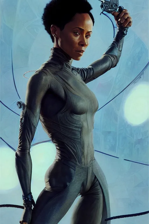 Image similar to young jada pinkett smith as aeon flux profile picture by Greg Rutkowski, the matrix, dynamic pose, afro futurism, intricate, futuristic, fantasy, elegant, by Stanley Artgerm Lau, greg rutkowski, thomas kindkade, alphonse mucha, loish, norman Rockwell,