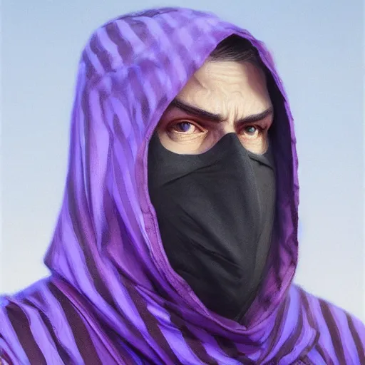 Image similar to ultra realistic illustration, man in a black hood, in a striped purple balaclava, mysterious, highly detailed, digital painting, artstation, concept art, smooth, sharp focus, illustration, art by artgerm and greg rutkowski and alphonse mucha