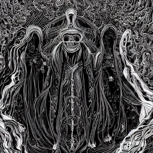 Image similar to a dark figure in a flowing robe haunts the end of time, featured, detailed, 4k, intricate lines