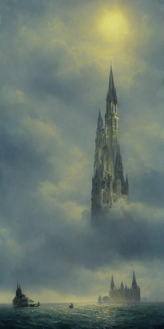 Prompt: detailed painting of the tall gothic cathedral sticking up in the middle of the ocean by ivan aivazovsky, dramatic lighting, demonic undertones, warm light, detailed concept art, hyperrealistic, beautiful architecture, low angle looking up